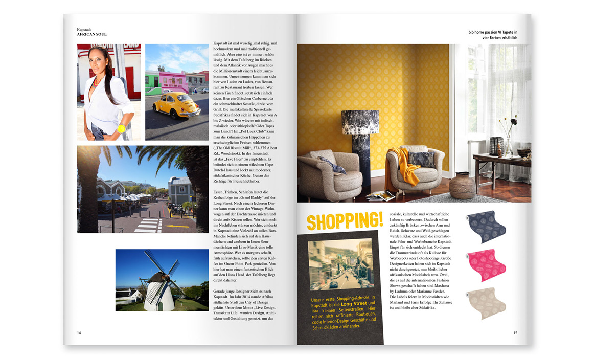 Doppelseite des Kundenmagazins „bb Home Passion“ mit Wohnraumfotografien, Reisetipps und vorgestellten Tapetenkollektionen.