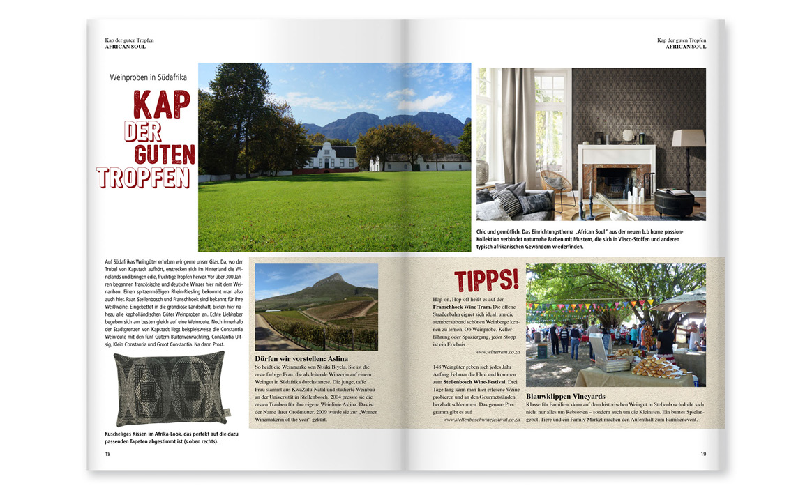 Doppelseite des Kundenmagazins „bb Home Passion“ mit Reiseberichten, Wohninspirationen und Tapetenmotiven.