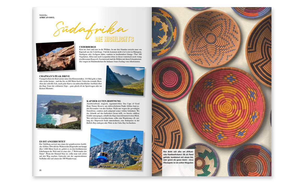 Doppelseite des Kundenmagazins „bb Home Passion“ mit dem Beitrag „Südafrika – die Reiselust“, Landschaftsfotografien und traditionellen Mustern.