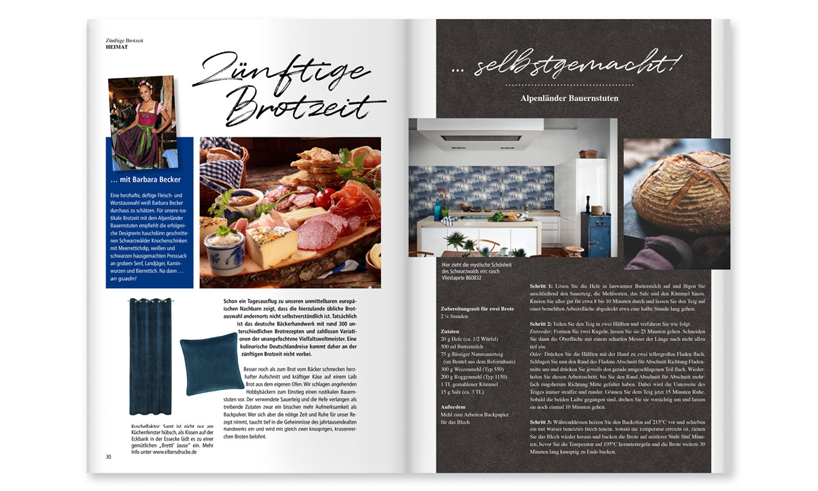 Doppelseite des Kundenmagazins „bb Home Passion“ von Rasch mit Beiträgen zu Wohntrends, Tapetenkollektionen und der Überschrift „Genießen mit allen Sinnen“.