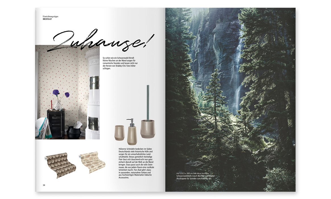 Doppelseite des Kundenmagazins „bb Home Passion“ mit Wohninspirationen, Tapetendesigns und der Überschrift „Wohnsense!“.