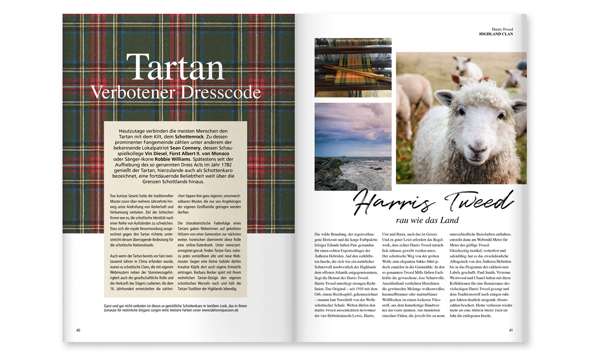 Doppelseite des Kundenmagazins „bb Home Passion“ mit den Beiträgen „Tartan“ und „Happy Tweed“ sowie Tapeten- und Wohnbeispielen.
