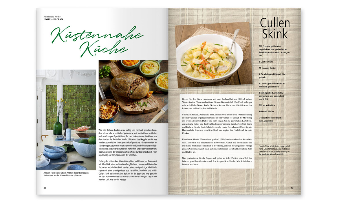 Doppelseite des Kundenmagazins „bb Home Passion“ mit den Beiträgen „Küstennahe Küche“ und „Guten Stil“ sowie Wohn- und Lifestyle-Themen.