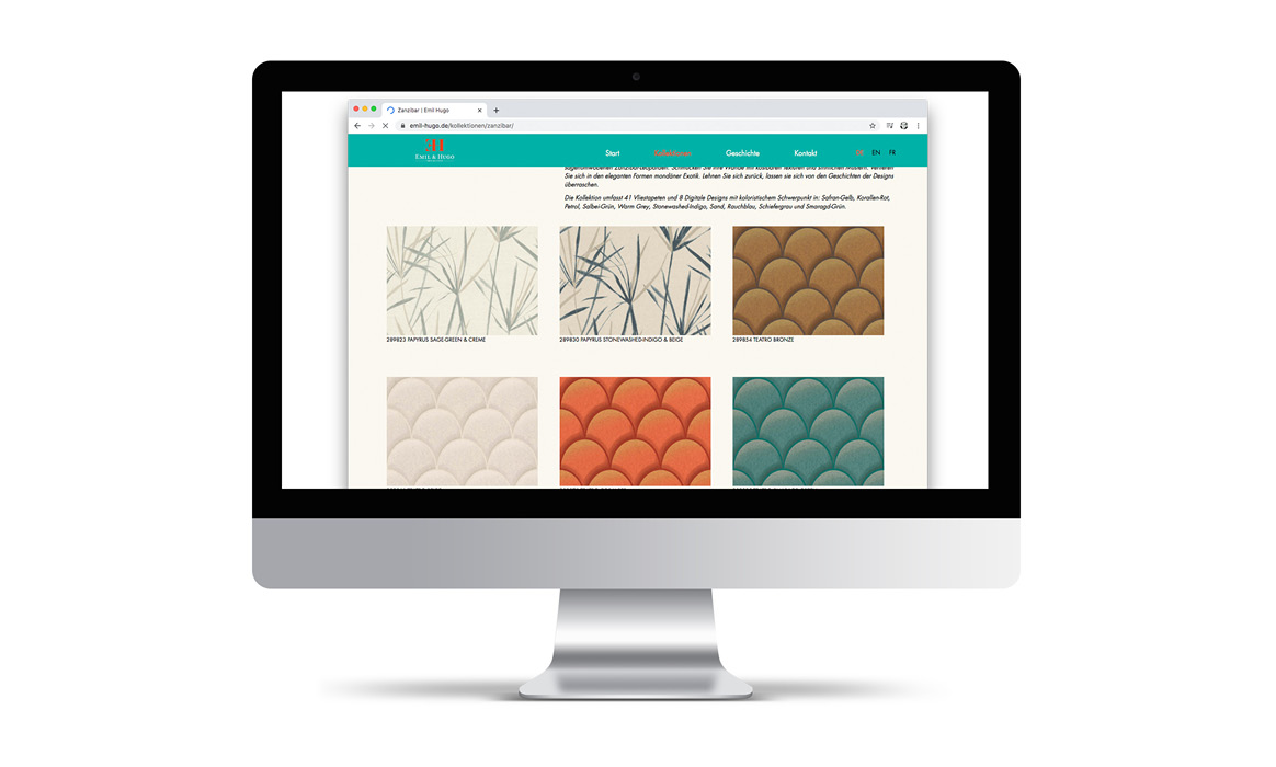 Produktübersicht der Website von Rasch Emil & Hugo mit verschiedenen Tapetendesigns und Filterfunktionen.