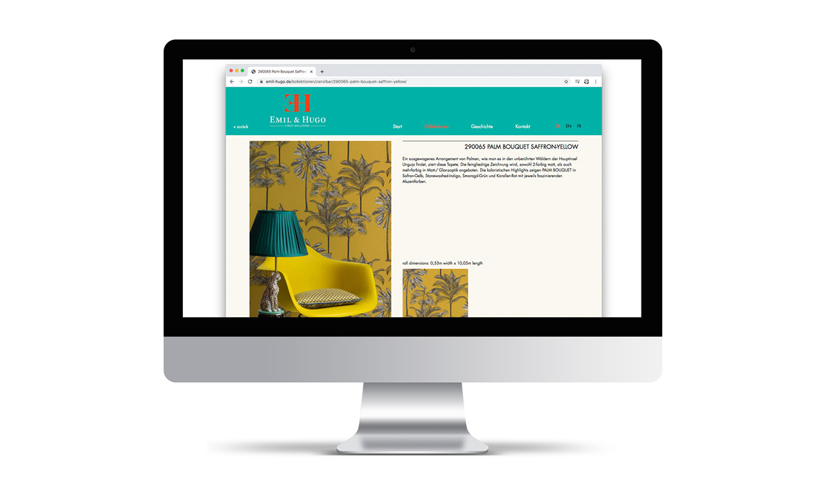 Unterseite der Website von Rasch Emil & Hugo mit Informationen zur Tapetenkollektion und großformatigen Wohnraumabbildungen.