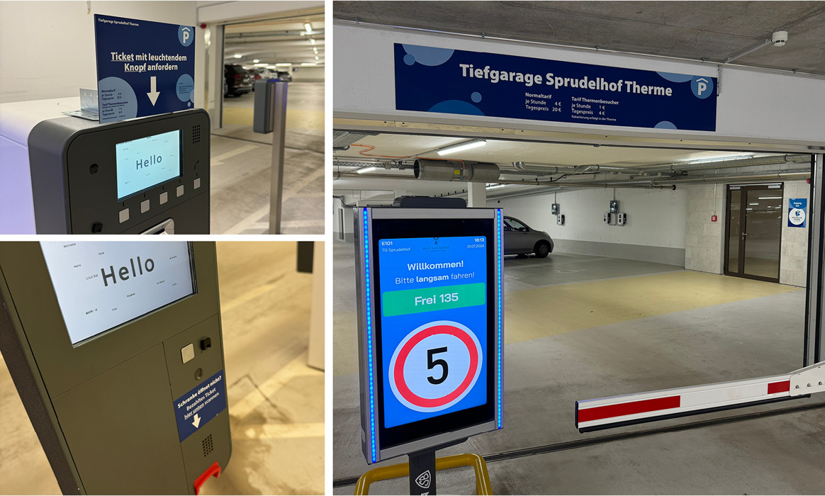 Beschilderung des Parkhauses der Sprudelhof Therme Bad Nauheim mit Einfahrt, Höhenbegrenzung, Kassenautomat und Wegweisern.
