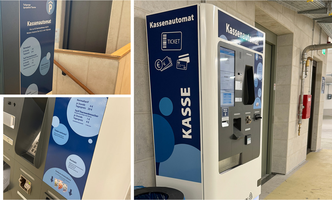 Kassenautomat im Parkhaus der Sprudelhof Therme Bad Nauheim mit Bedienhinweisen und Beschilderung.