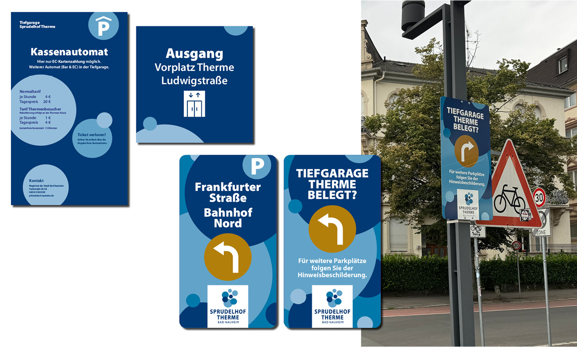 Übersicht des Parkleitsystems der Sprudelhof Therme Bad Nauheim mit Wegweisern, Parkplatzsymbolen und Hinweisschildern für die Tiefgarage.