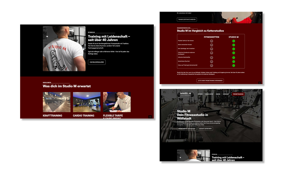 Unterseiten der Website von Studio M mit Informationen zu Trainingsangeboten, Kursplan und Fitnessbereichen auf Desktop und Smartphone.