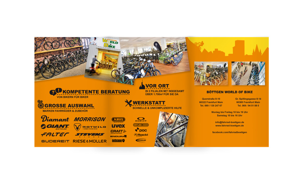 Innenseiten des Flyers von World of Bike mit Werkstattservice, Markenübersicht, Fahrradangeboten und Unternehmensinformationen.