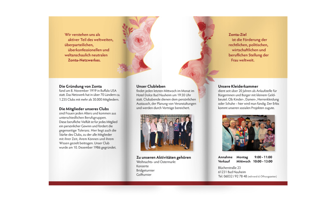 Innenseiten der Broschüre des Zonta Clubs Bad Nauheim-Friedberg mit Informationen zu Projekten, Engagement und Fördermaßnahmen für Frauen weltweit.