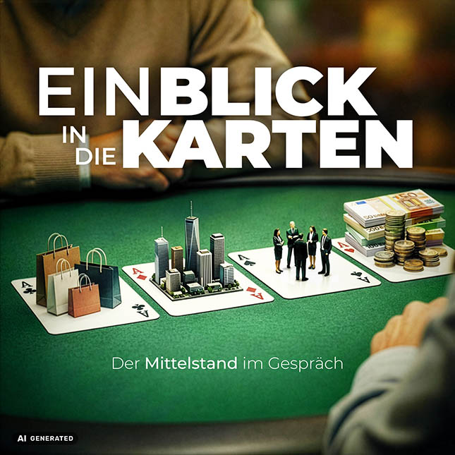 Podcast Cover vom Podcast Ein Blick in die Karten, der Mittelstand im Gespräch zeigt 4 Asse mit Dekoration auf dem Pokertisch und zwei Menschen, die sich gegenübersitzen